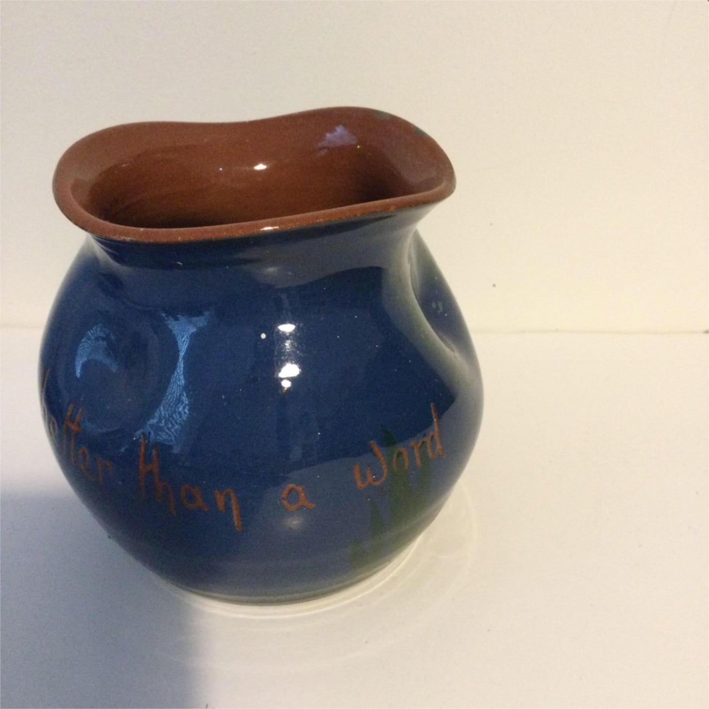 ROYAL TORQUAY Pottery Vase Blue Motto ware Kingfisher design AN ACT IS BETTER THAN A WORD