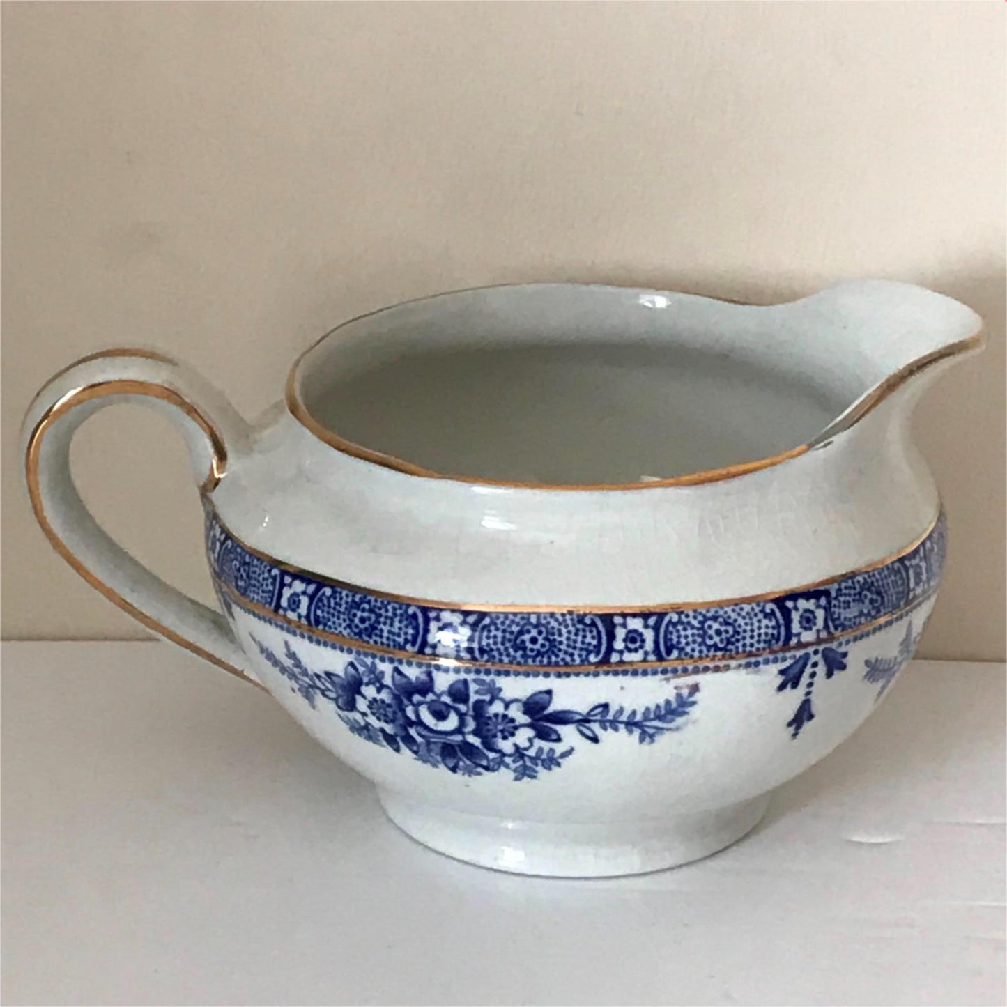 Antique Vintage Blue and white 1920s china milk jug sauce jug Blairs Rose design floral Gilt.