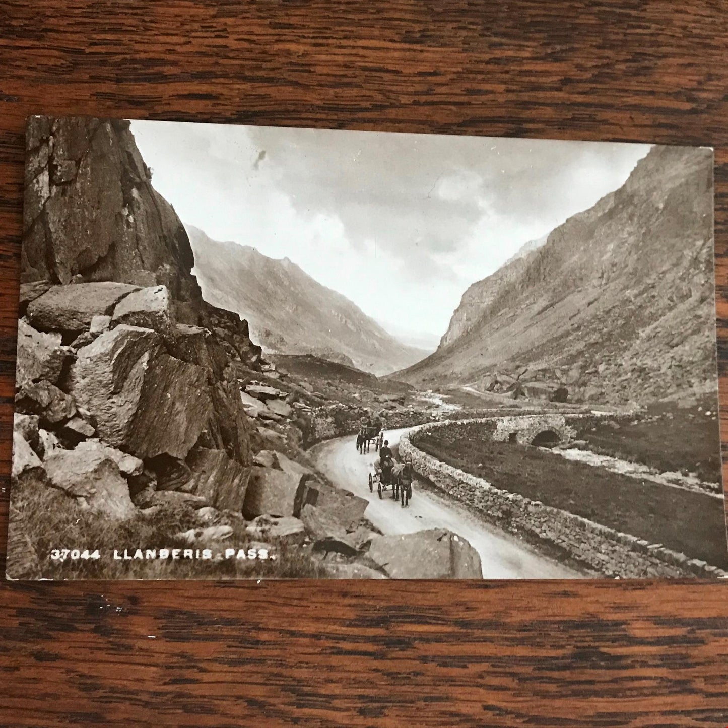 Antique 1913Postcard Wales LLANBERIS PASS horse and carts sepia mountains valley