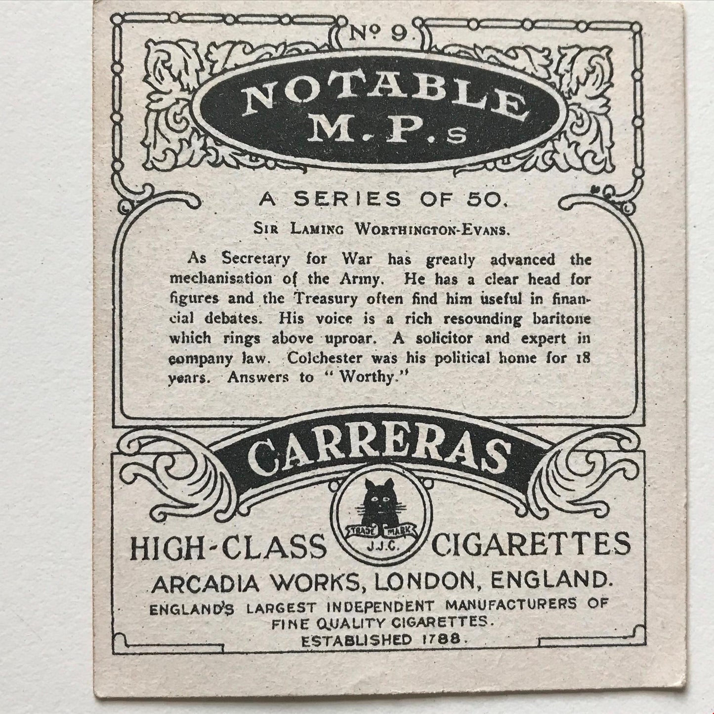 SIR LAMING WORTHINGTON-EVANS Carreras Cigarette Card NOTABLE MPS no9 solicitor