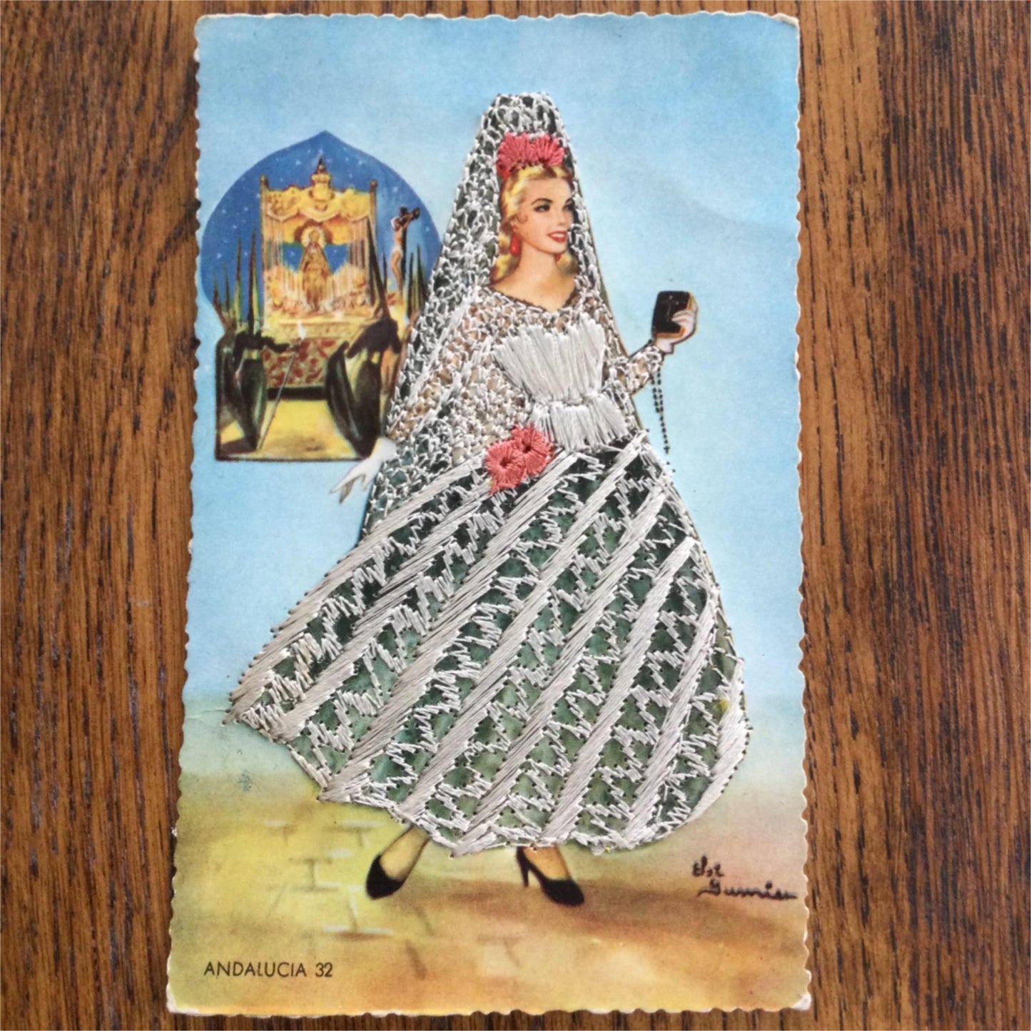 Vintage Spanish postcard ANDALUCIA embroidered woman traditional dress 50s