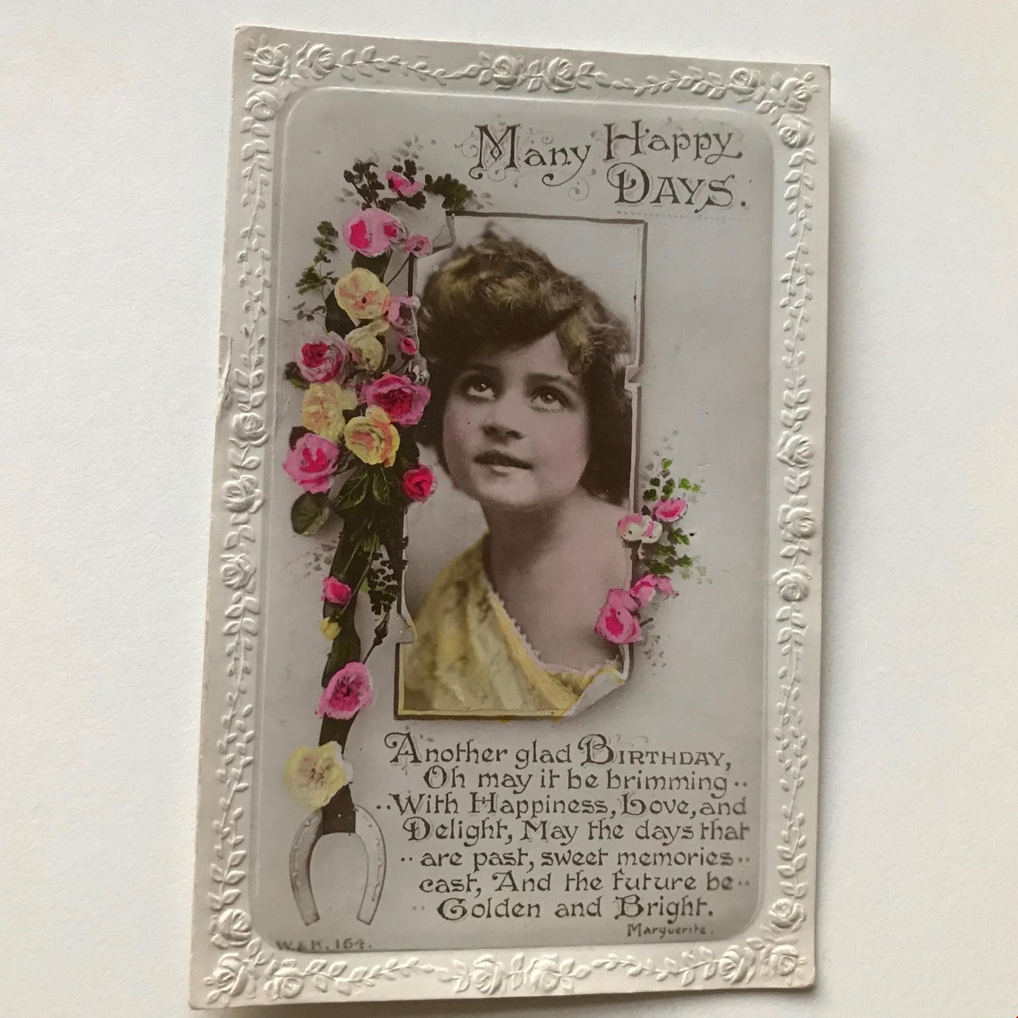 Vintage MANY HAPPY DAYS BIRTHDAY Greetings Postcard RP Girl flowers horseshoe