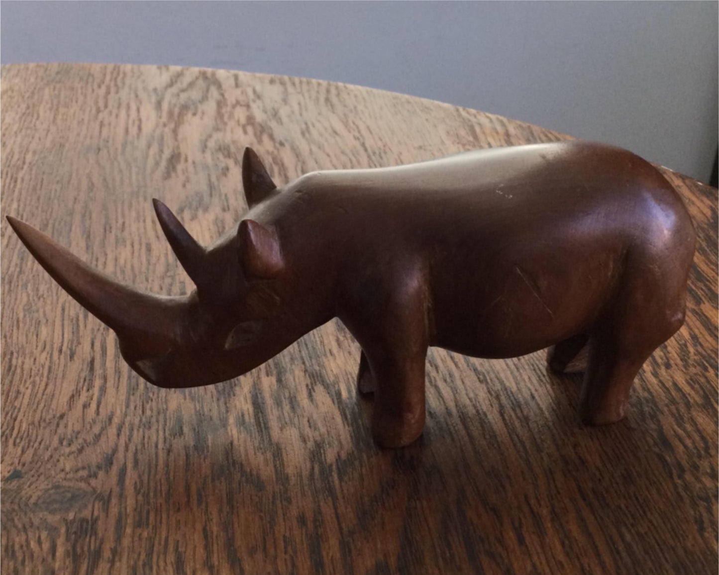 Vintage Retro Teak Wooden Hand Carved Rhino Figurine ornament 18cm long 60s 50s.