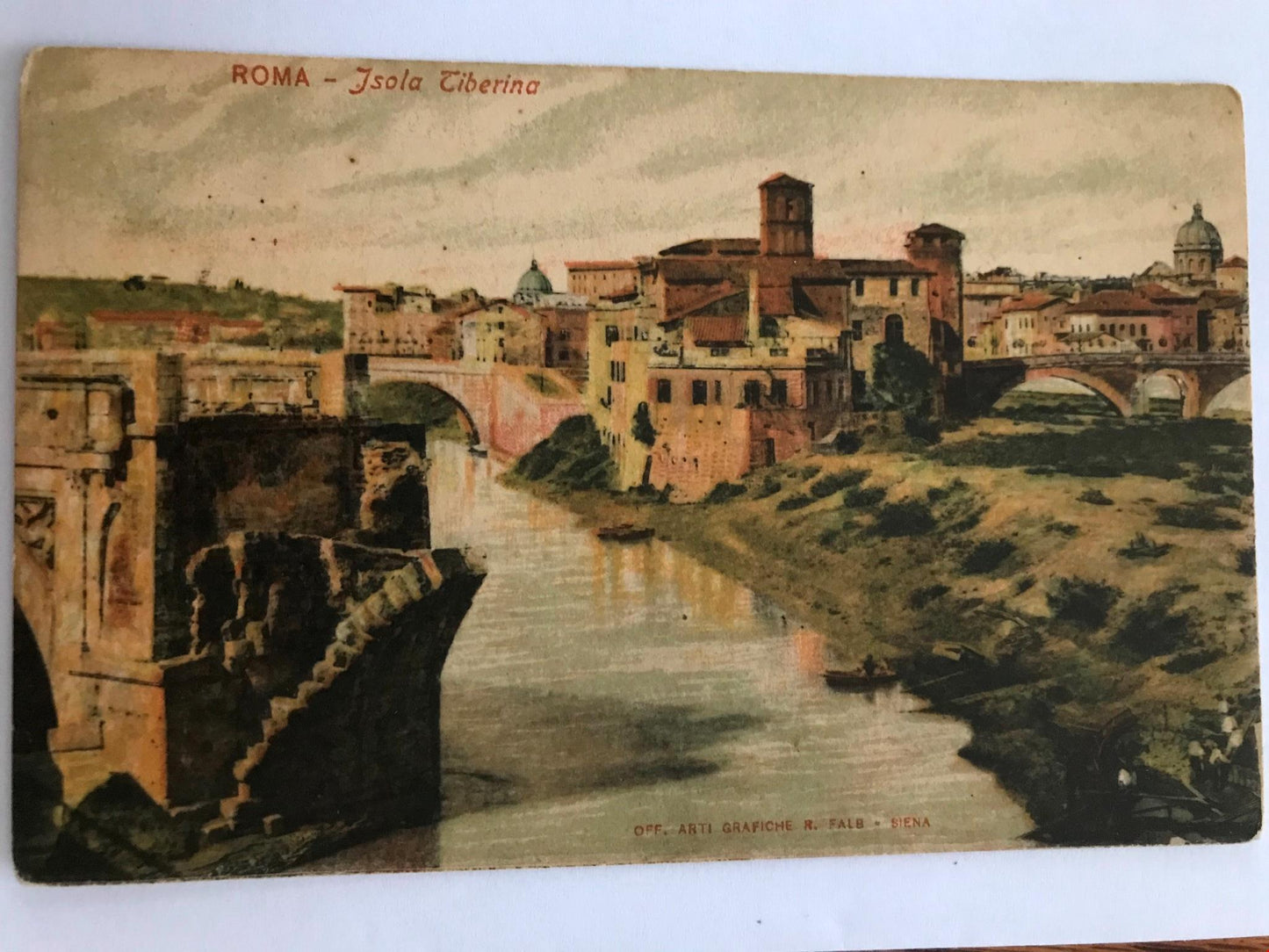 Vintage Postcard ROME TIBER ISLAND ISOLA TIBERINA medieval city view river bridg