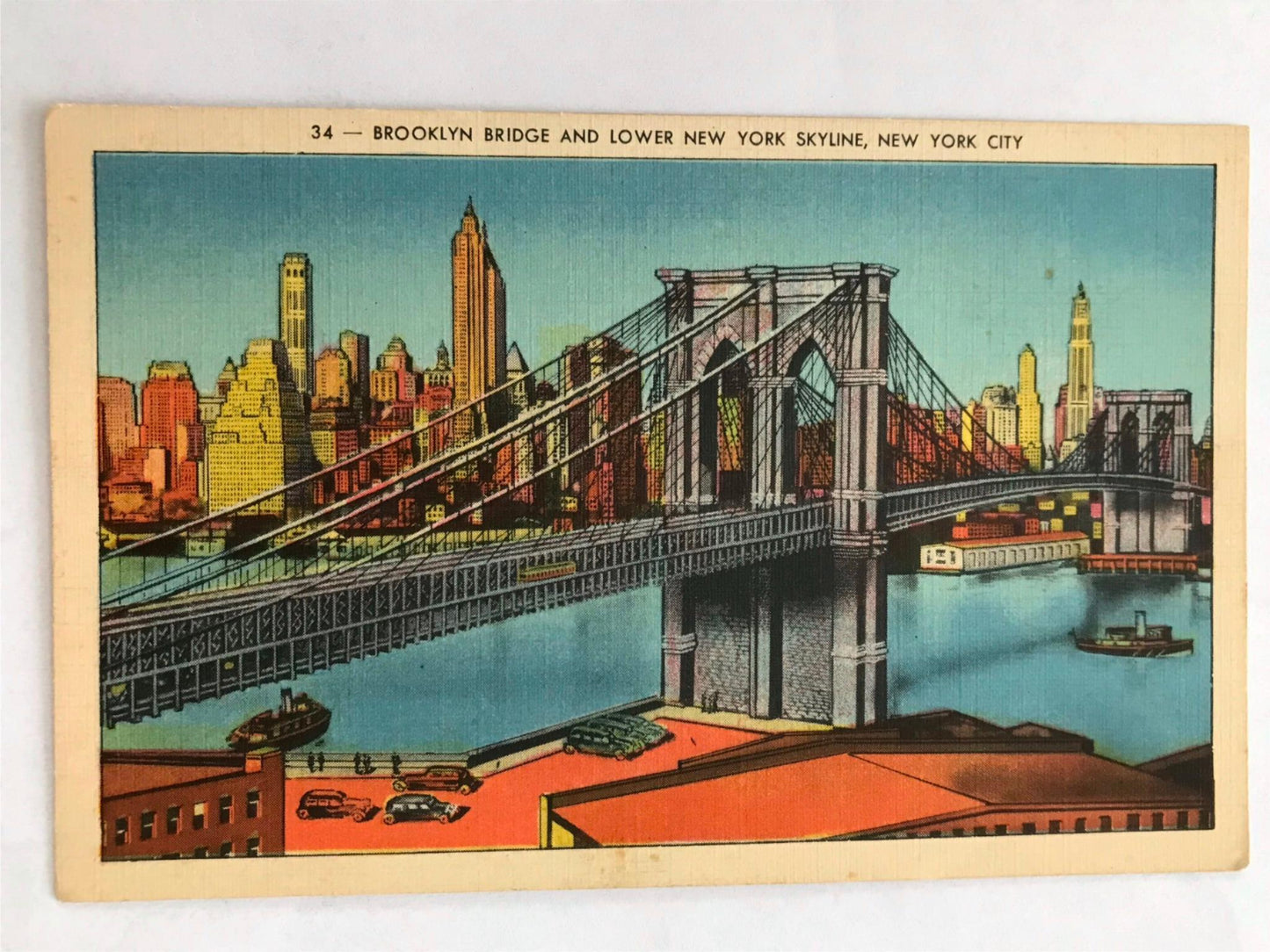 Vintage postcard BROOKLYN BRIDGE & LOWER NEW YORK SKYLINE Beautiful rich colours