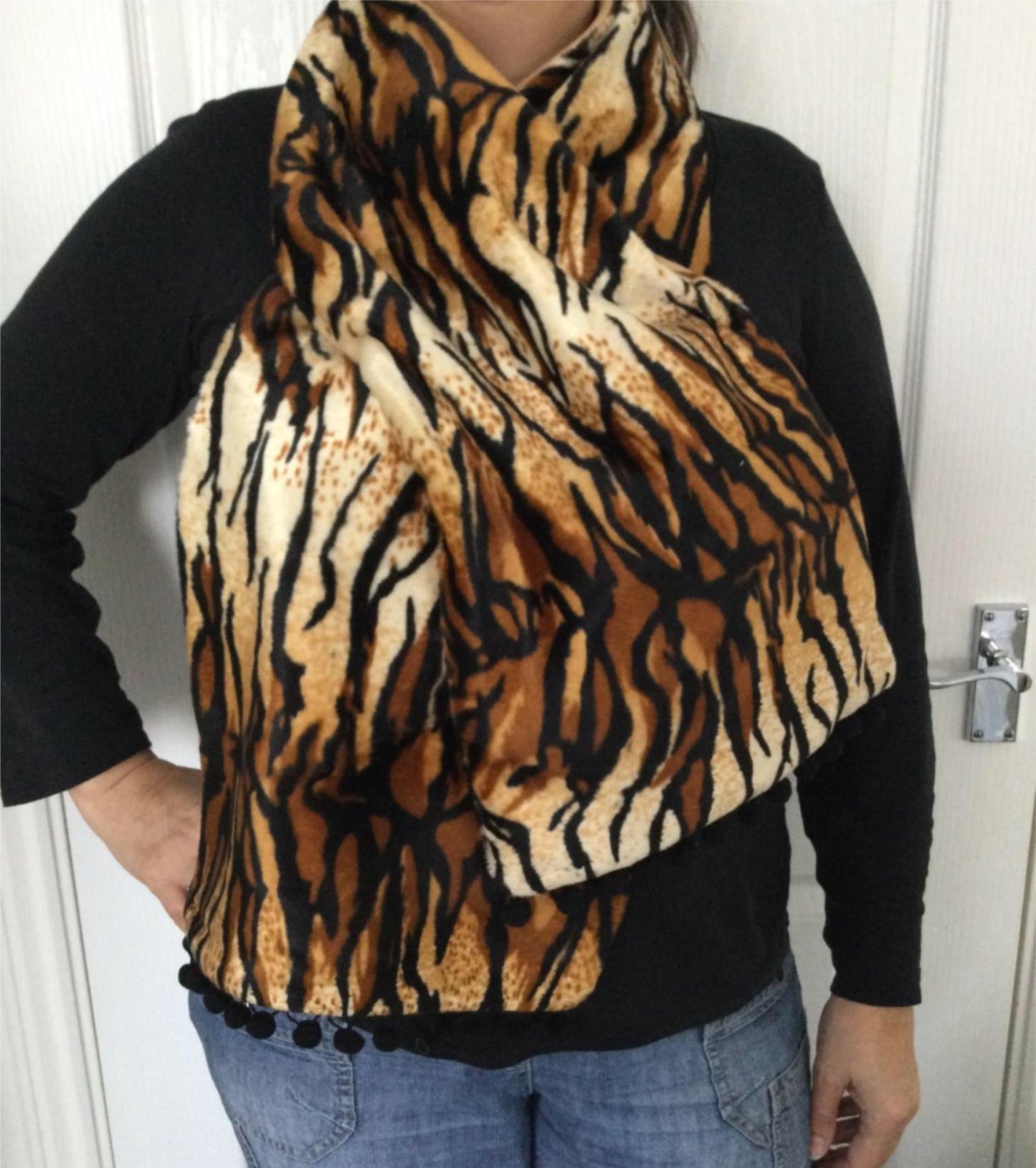 Beautiful Handmade Fleecey Scarf with Zebra print soft pile fur. Pom Pom details