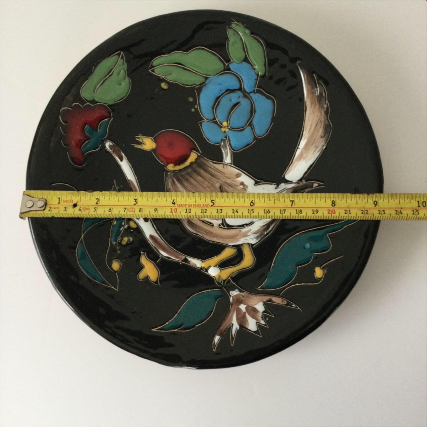 Pair of artisan plates wall decor glossy black with bright colours flowers birds