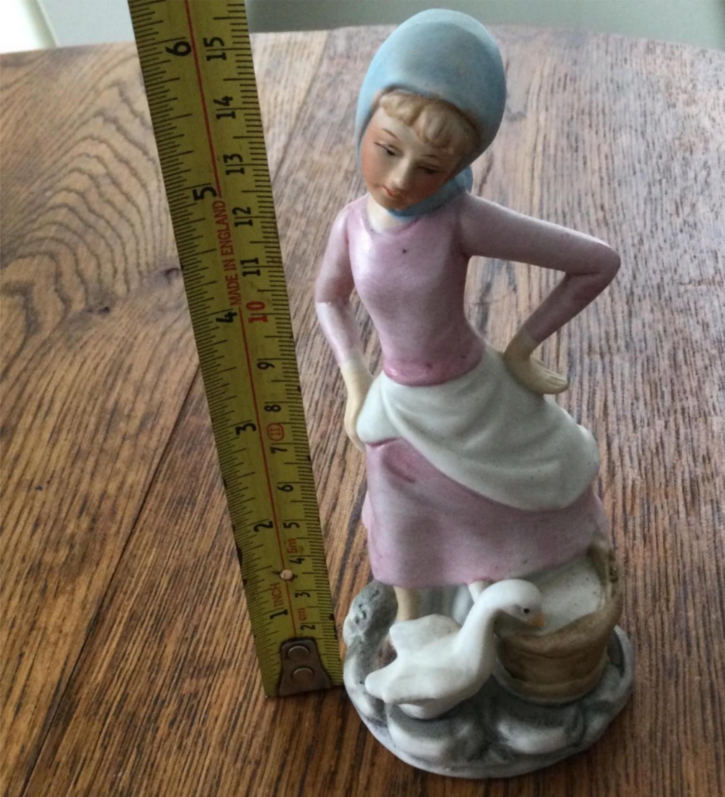 Vintage Goose Girl Figure Figurine Ornament. Kitsch. 15.5cm high. Cute Retro pink pastel colours Taiwan