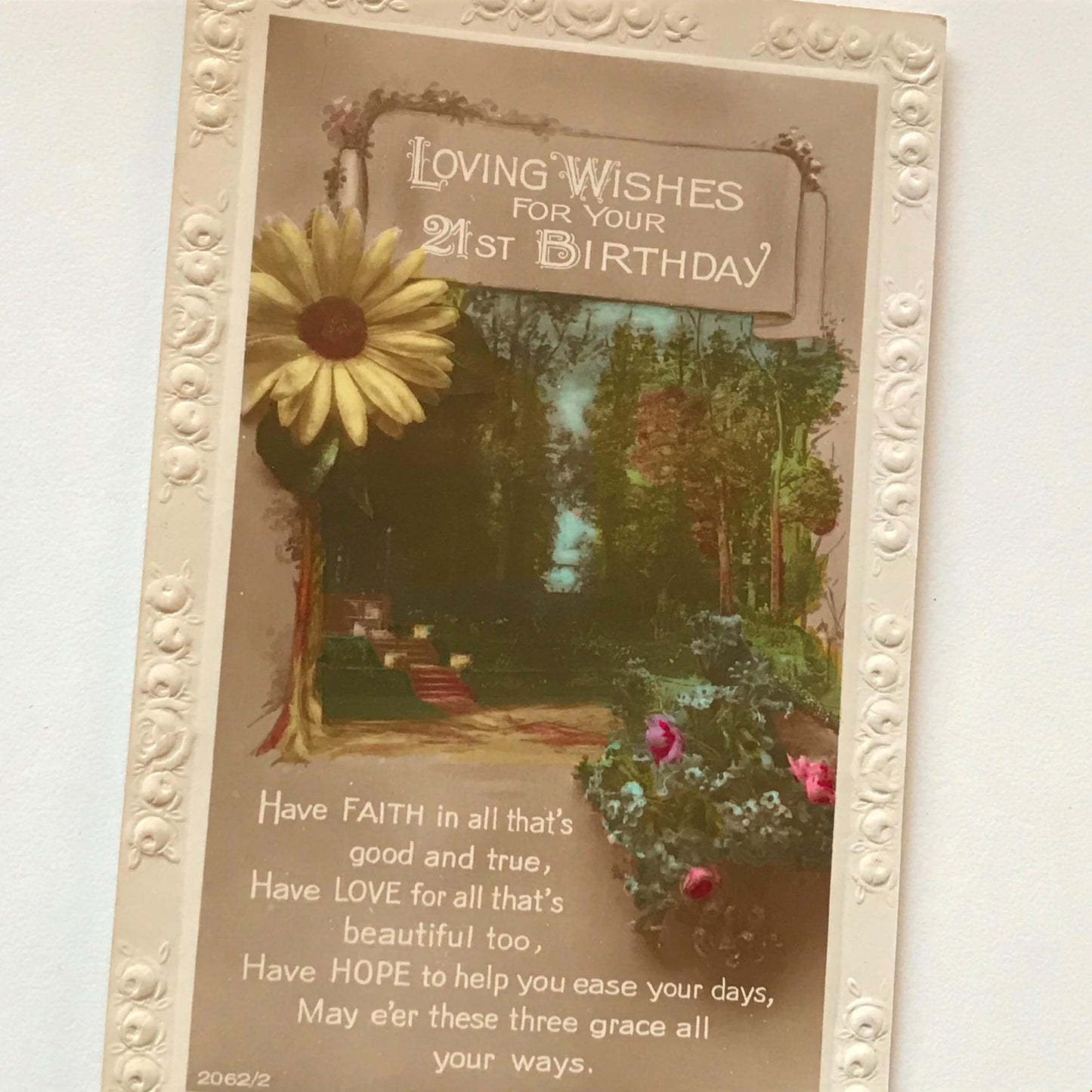 Vintage 21st BIRTHDAY Greetings Postcard RP 1926 1920s woodland faith hope love