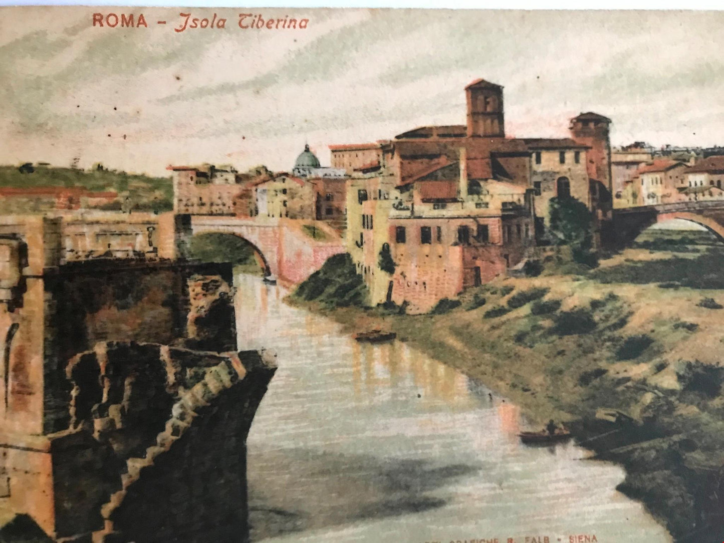 Vintage Postcard ROME TIBER ISLAND ISOLA TIBERINA medieval city view river bridg