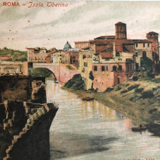 Vintage Postcard - ITALY - ROME TIBER ISLAND ISOLA TIBERINA medieval city view river bridge