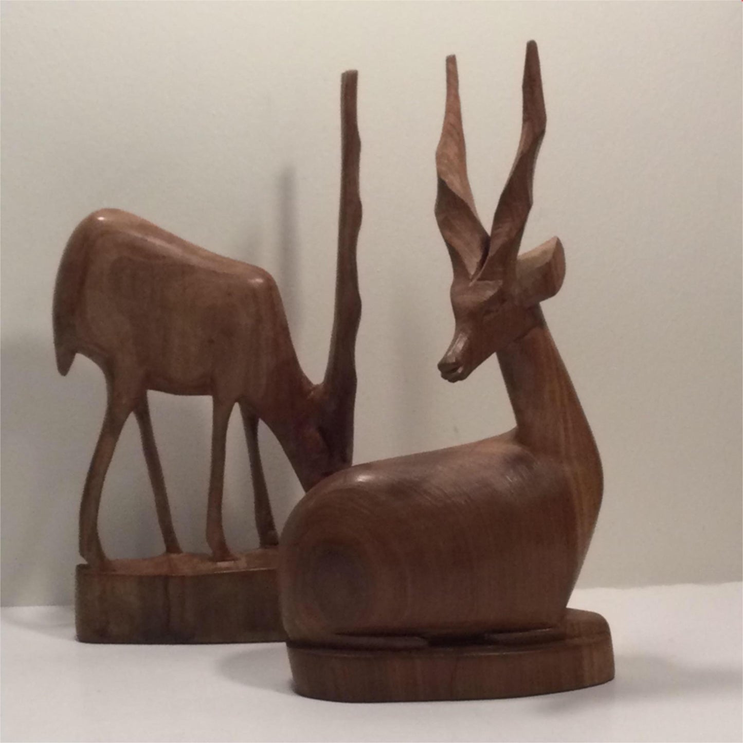 Pair Wooden Carved Antelopes Gazelles African 50s 60s 70s Some splits in wood