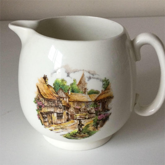 Vintage P&K Price Kensington Rustic Jug. Village scene. Thatched cottage. Curvy.