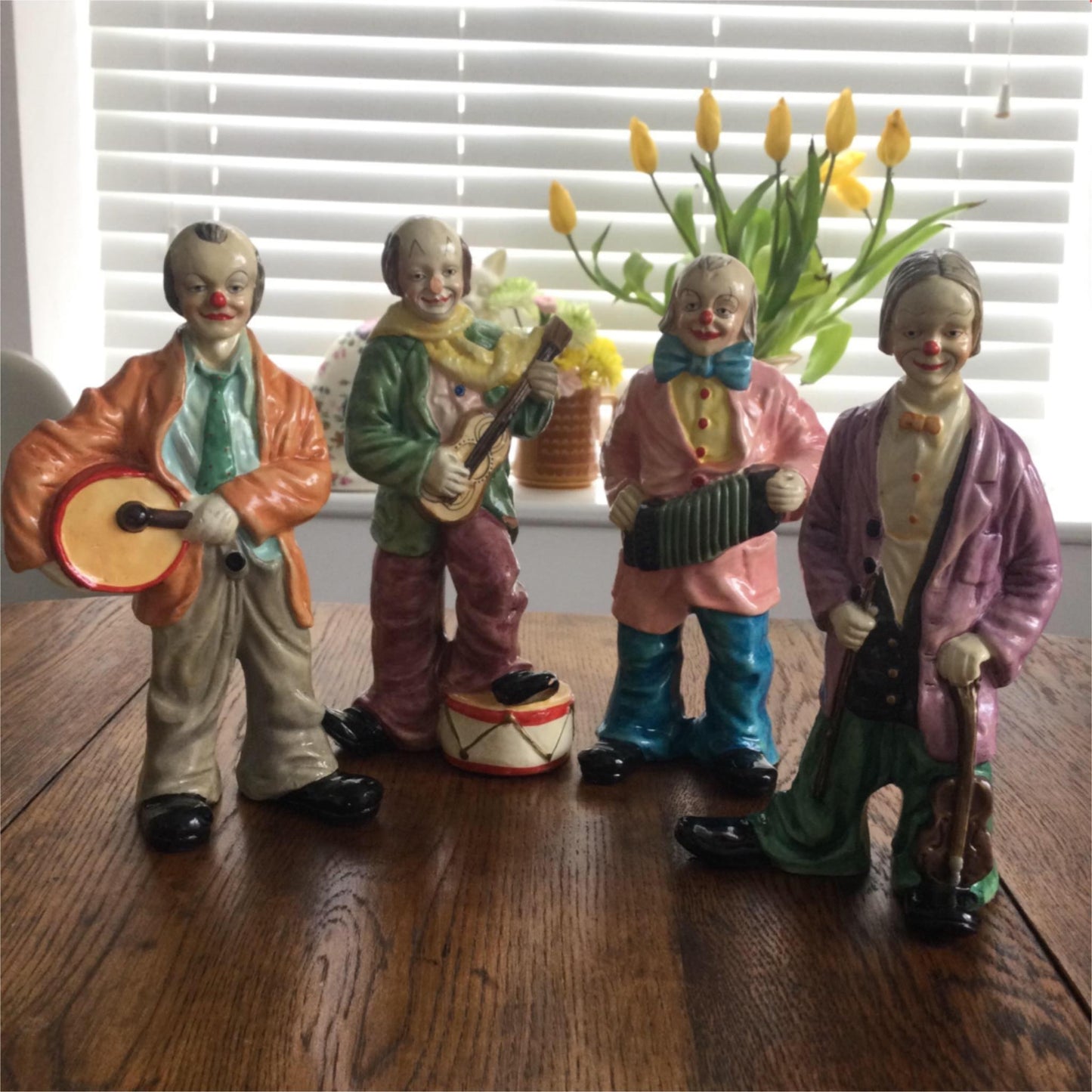 Vintage retro Musician Clown Figurines Ornaments set of 4 bright colourful baggy