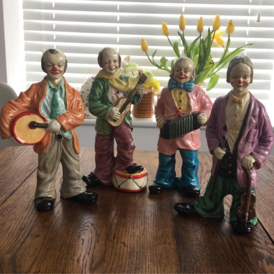 Vintage Retro Set of 4 Musician Clown Figurines / Ornaments - Bright & Colourful - Baggy Trousers