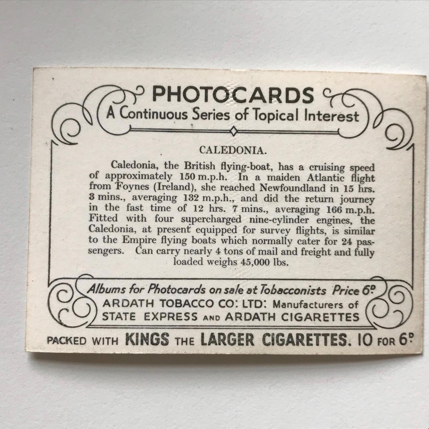 CALEDONIA Flying-boat Photocard Ardath Kings Tobacco card Topical Interest 1937