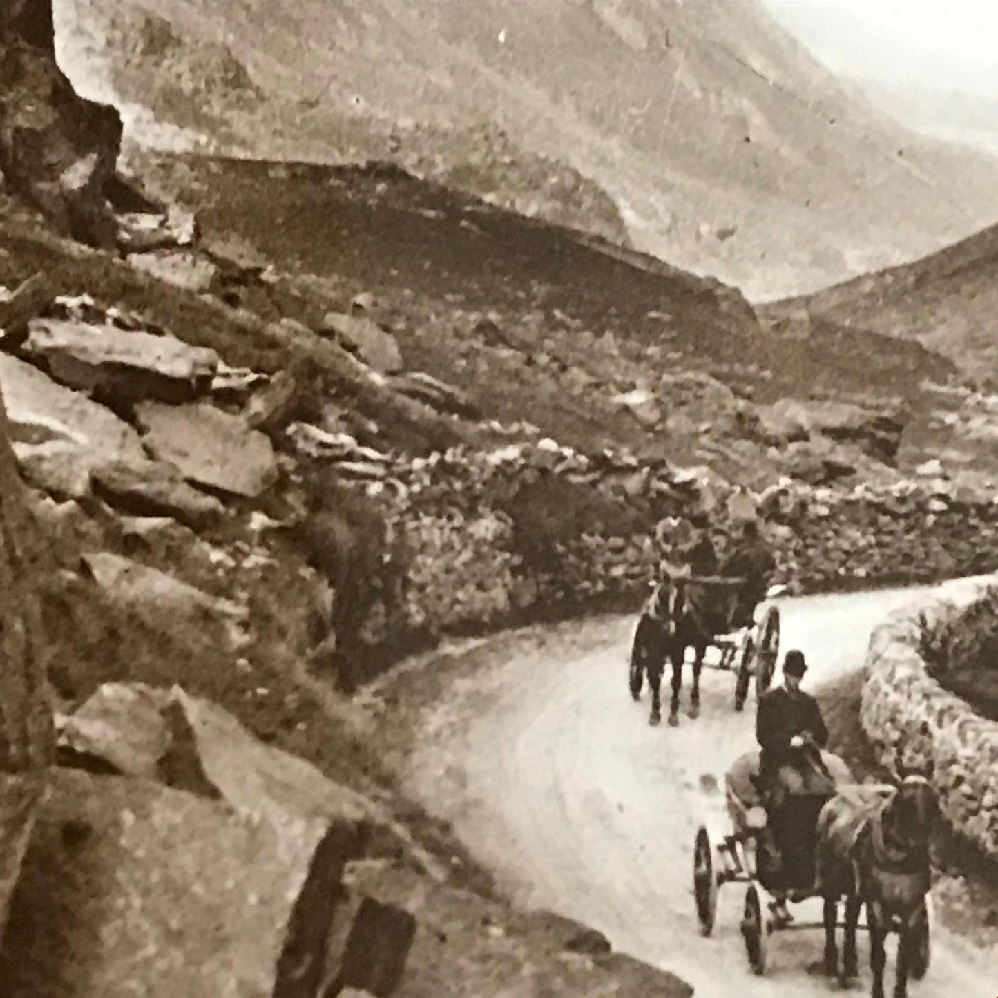 Antique 1913Postcard Wales LLANBERIS PASS horse and carts sepia mountains valley