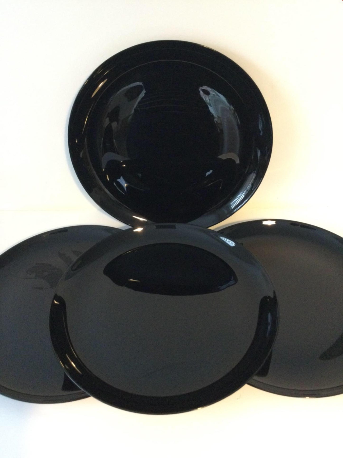 4 x glossy black glass chargers / large plates. Christmas dining. 31cm diameter. Dramatic look.