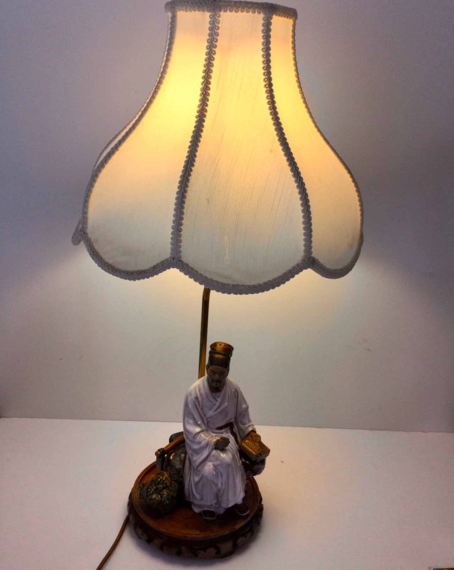 Large Vintage Chinese Mud man ceramic table lamp with shade. PAT tested approx 68cm high