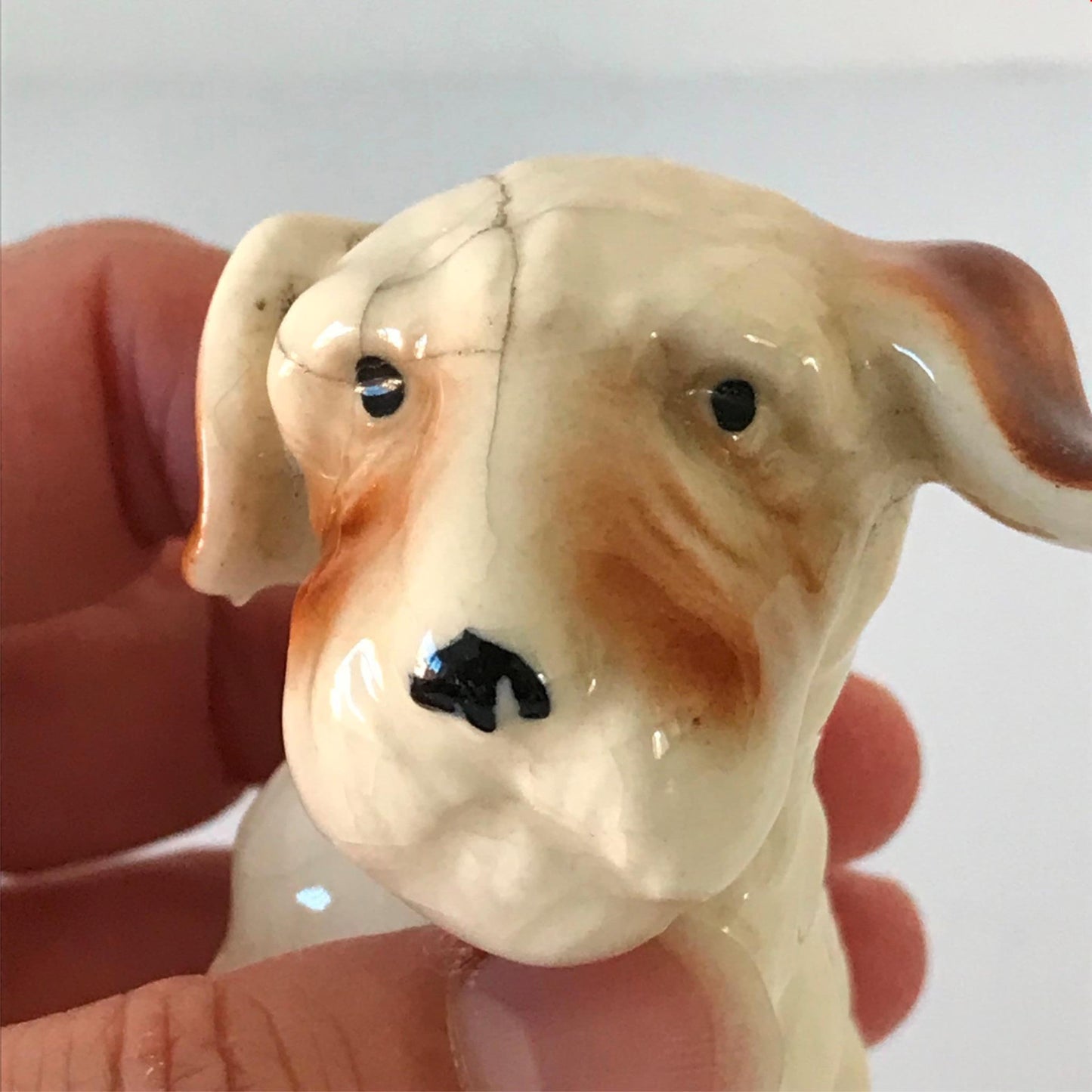 Vintage Dog Ornament. Made in Japan. Japanese. Terrier cute retro white and brown. Sad Face.