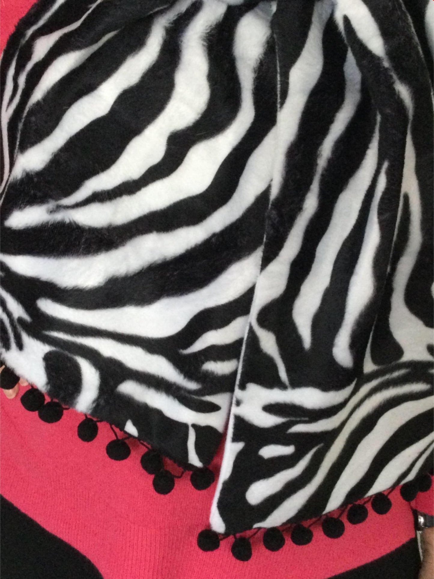 Beautiful Handmade Fleecey Scarf with Zebra print soft pile fur. Pom Pom details