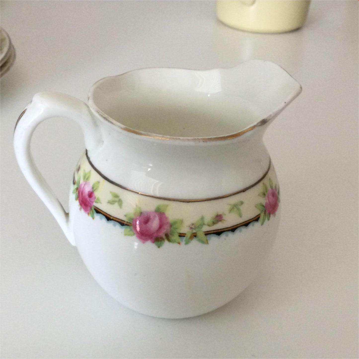 Vintage Creamer Small Jug Aynsley pink rose design yellow band A 3852 6 floral