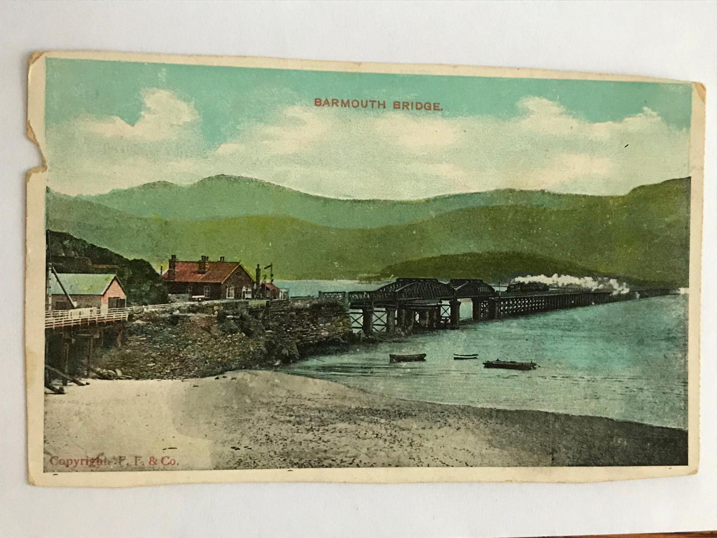 Vintage Postcard BARMOUTH BRIDGE NORTH WALES colour steam train railway river