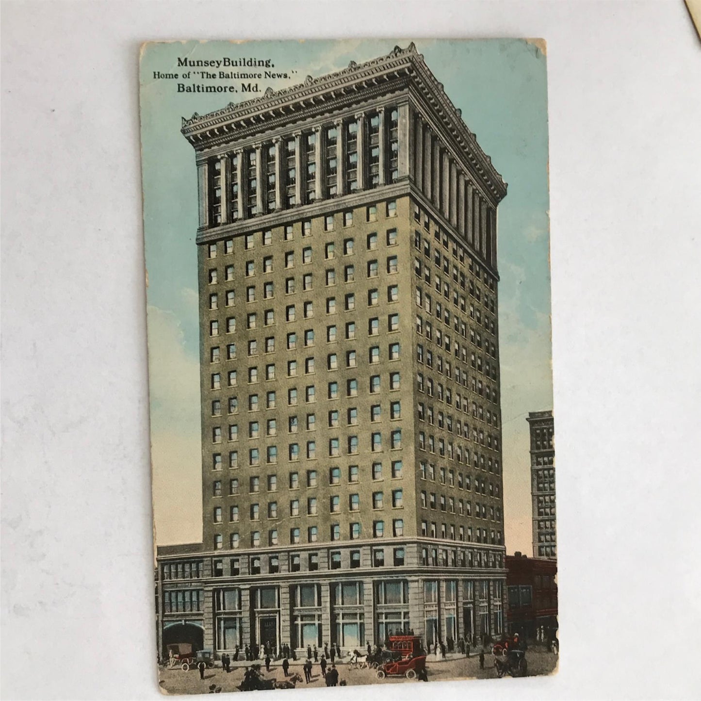 Vintage ANTIQUE postcard 1915 USA to England MUNSEY BUILDING BALTIMORE NEWS