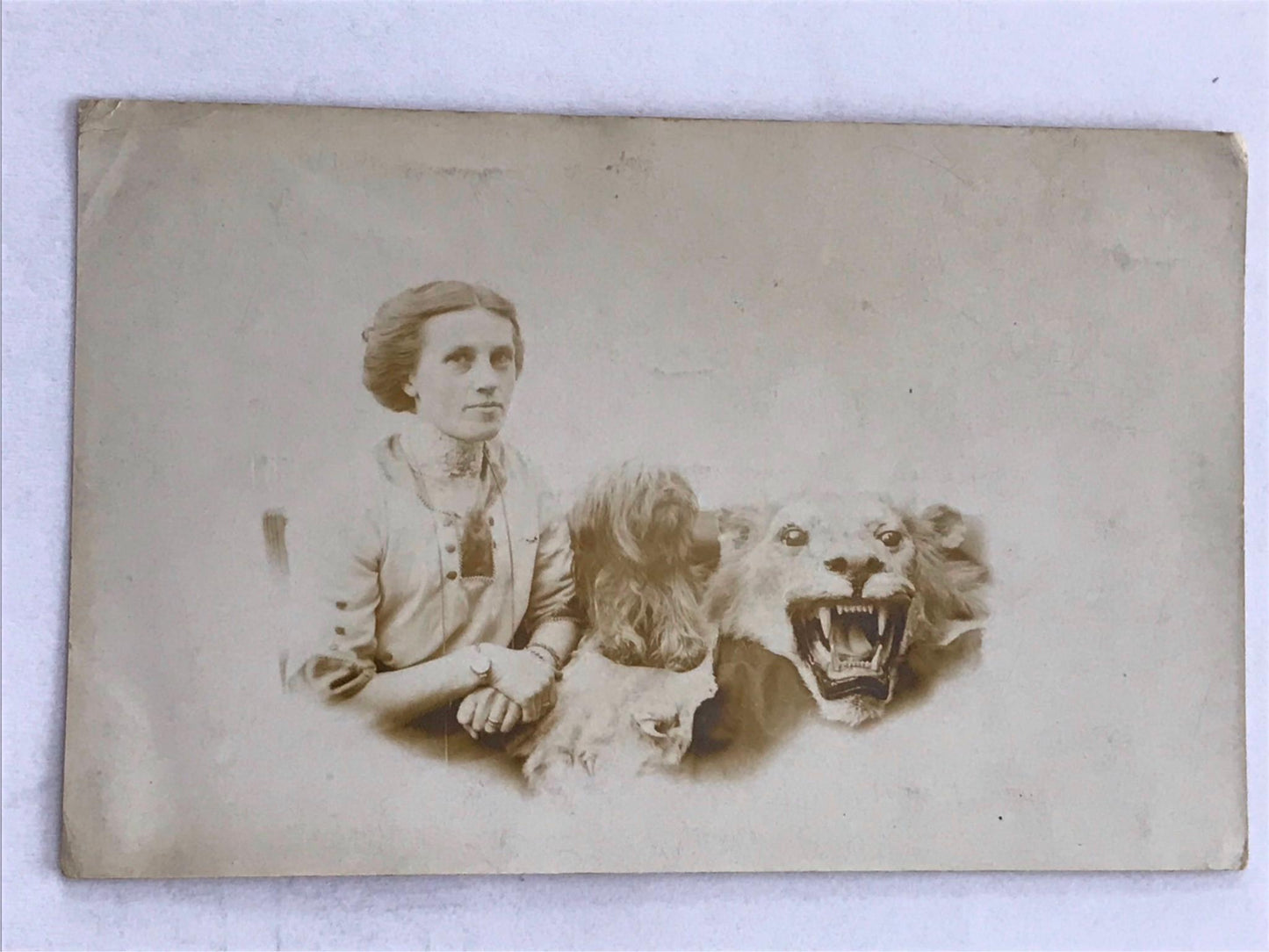 Vintage postcard SOCIAL HISTORY PHOTO WOMAN WITH SCRUFFY DOG ON LION RUG sepia