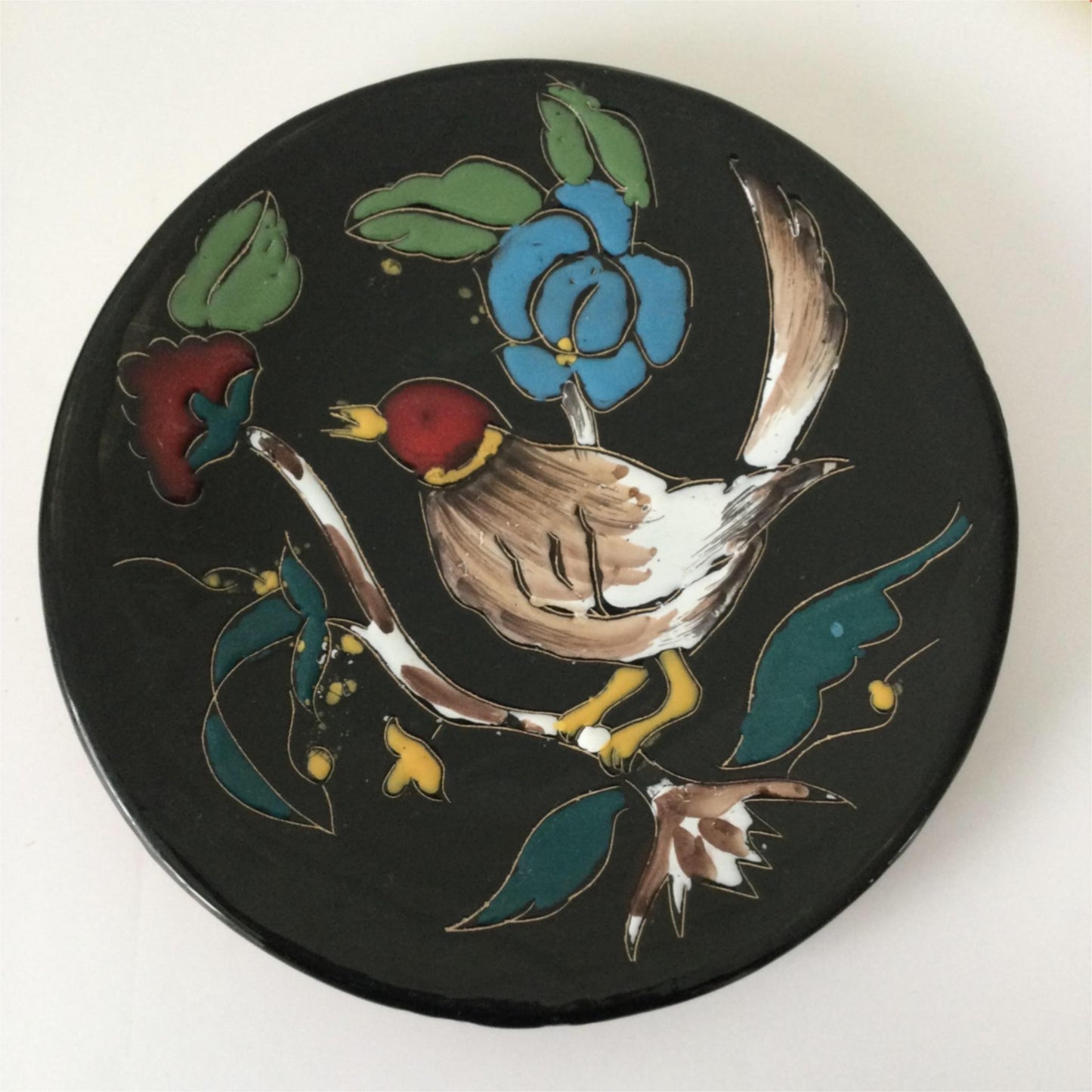 Pair of artisan plates wall decor glossy black with bright colours flowers birds