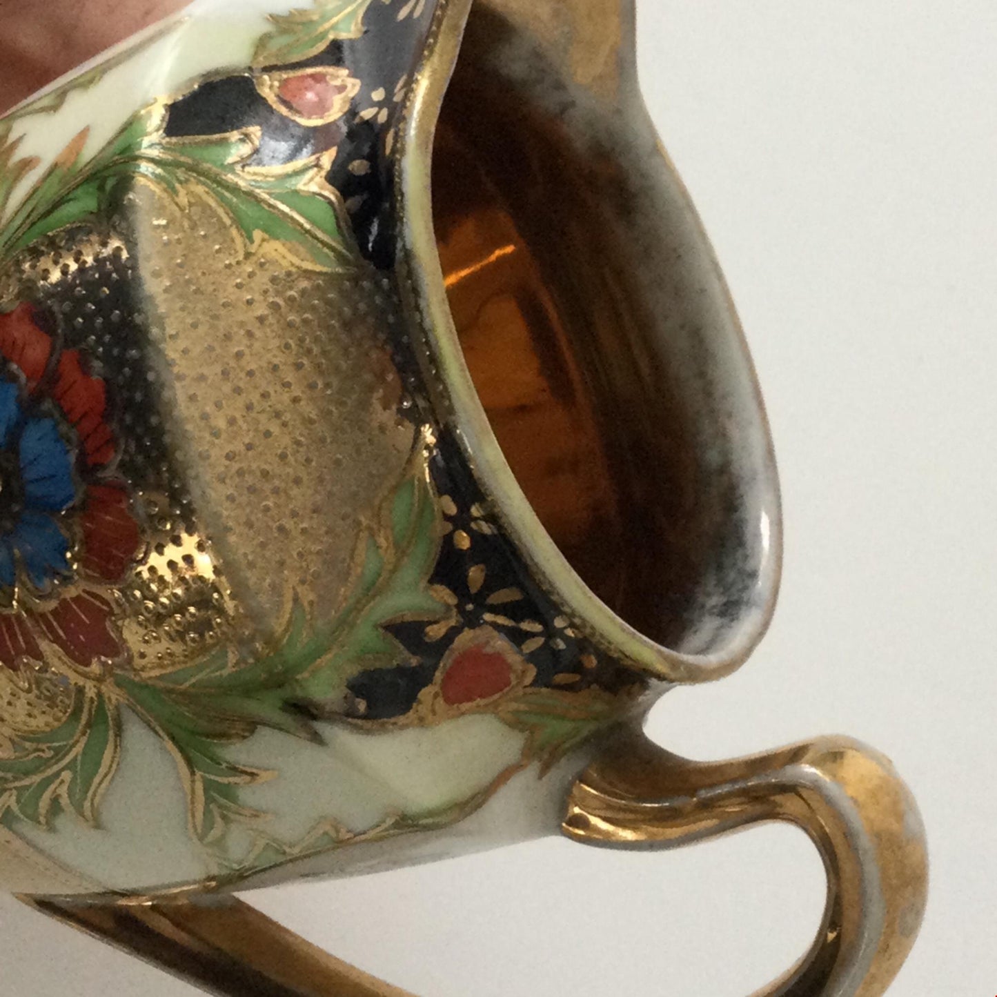 Vintage Japanese China Jug Small 12cm gilt with floral design. Gold black green