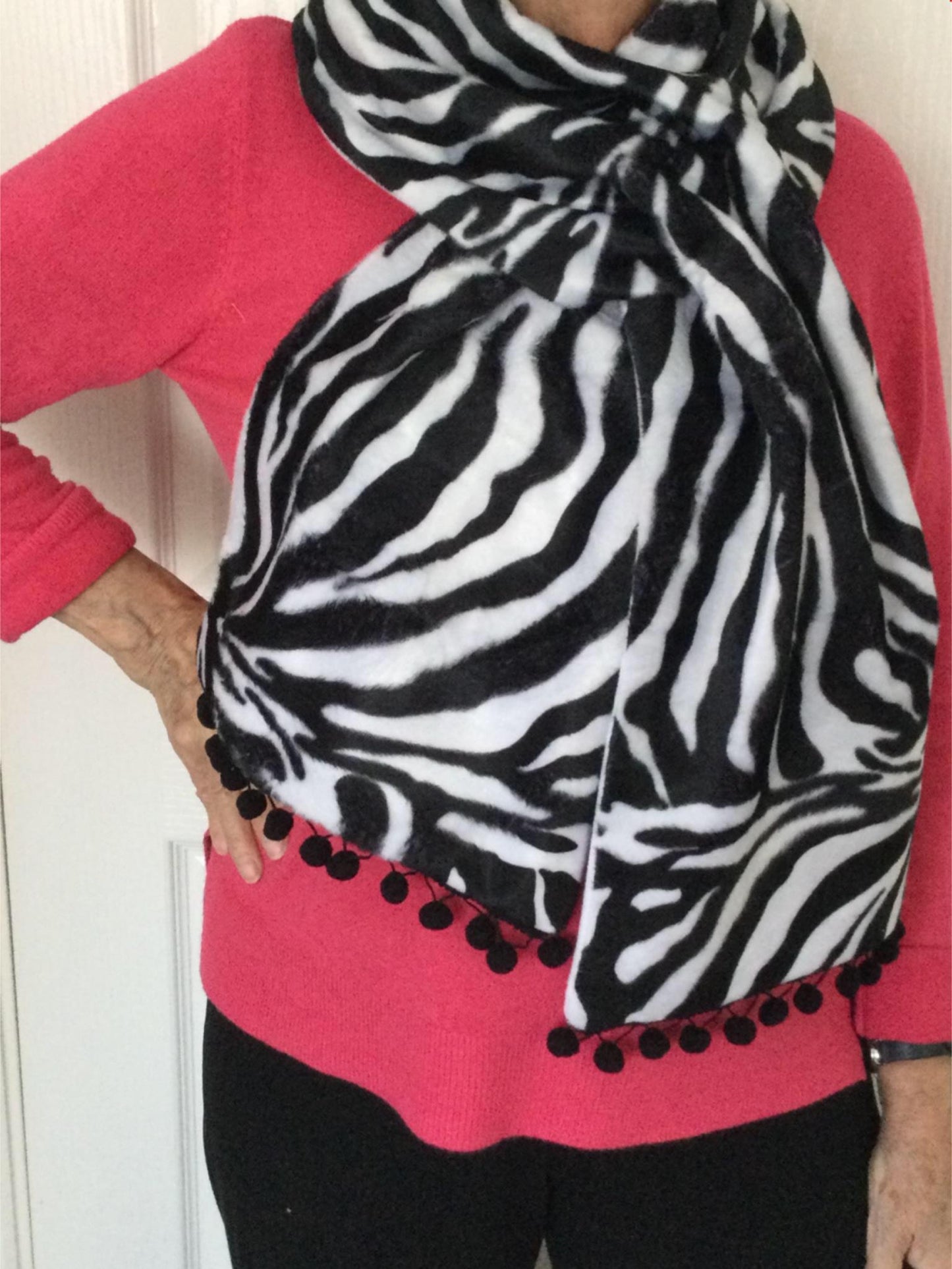 Beautiful Handmade Fleecey Scarf with Zebra print soft pile fur. Pom Pom details