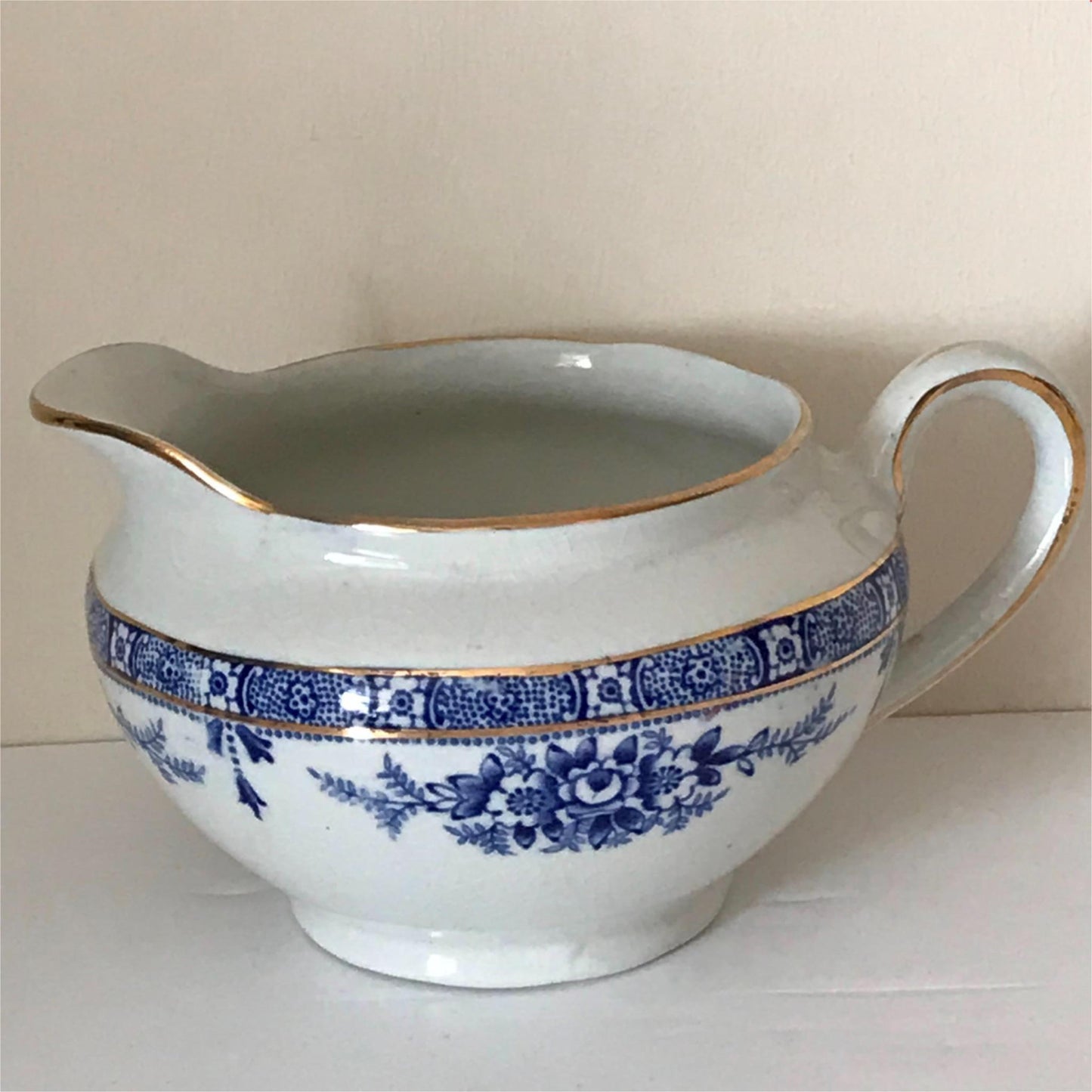 Antique Vintage Blue and white 1920s china milk jug sauce jug Blairs Rose design floral Gilt.