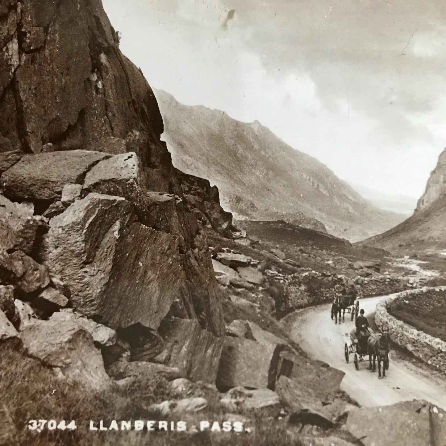 Antique 1913Postcard Wales LLANBERIS PASS horse and carts sepia mountains valley