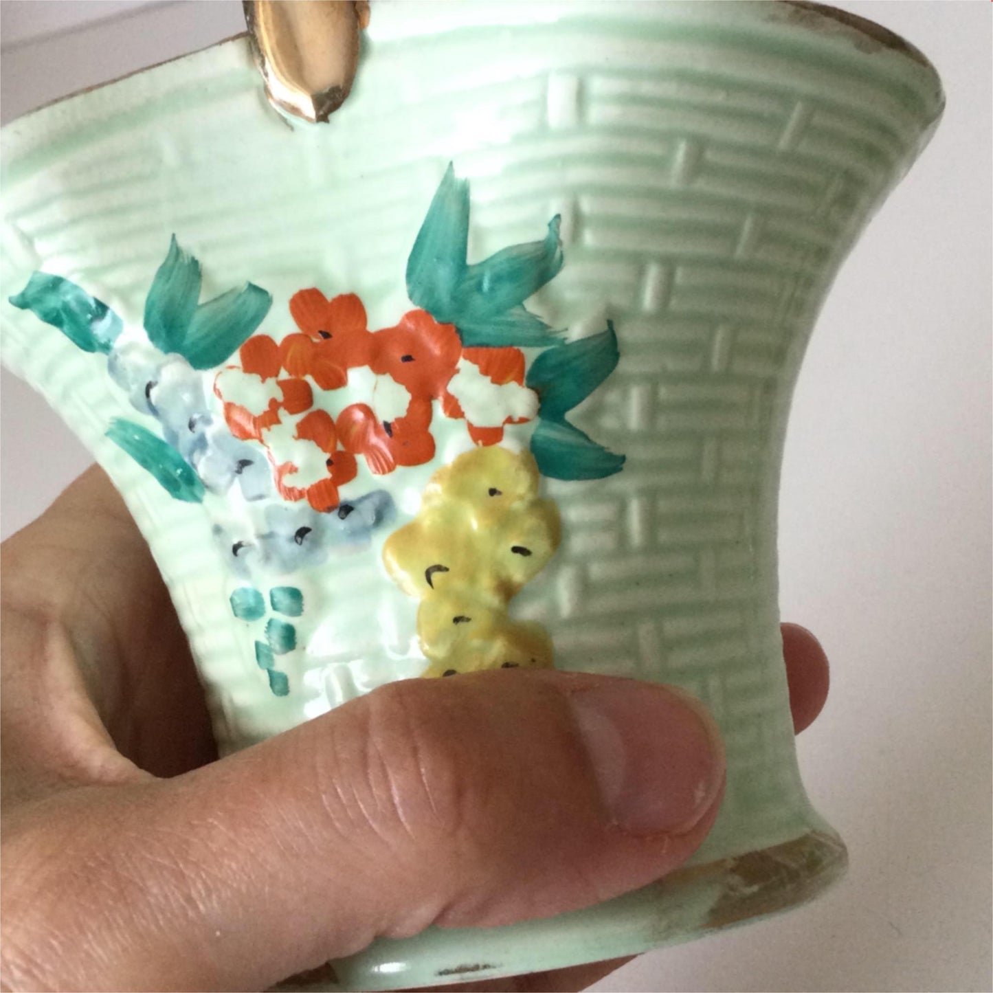 Vintage Keele Street KSP Ceramic Posy Vase - Basket Shaped. Green hand painted floral vase