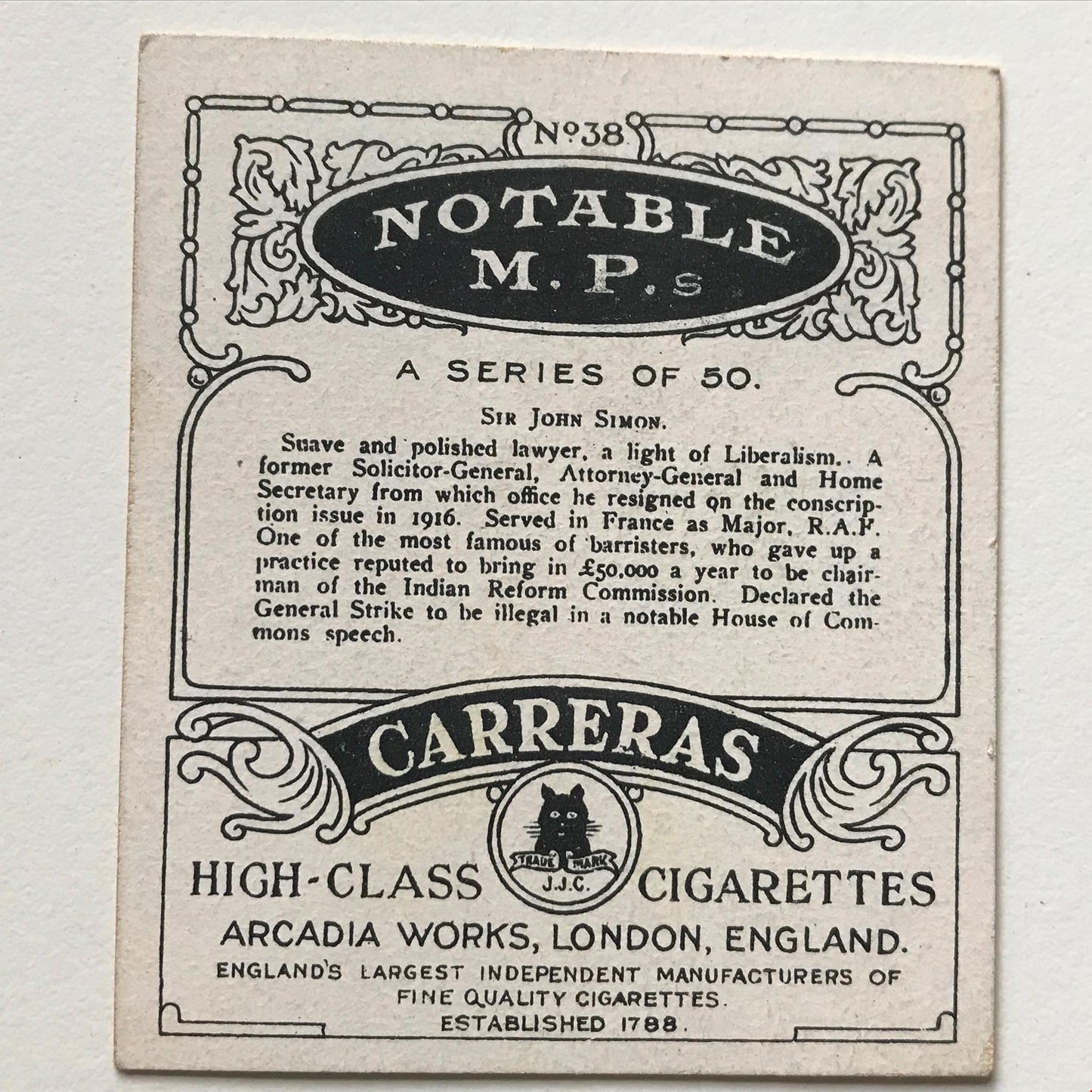 SIR JOHN SIMON Carreras Cigarette Card NOTABLE MPS no38 Liberal Solicitor