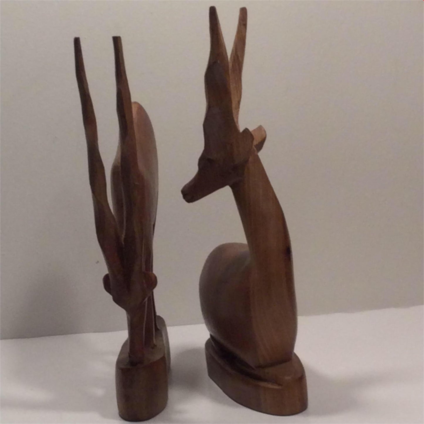 Pair Wooden Carved Antelopes Gazelles African 50s 60s 70s Some splits in wood