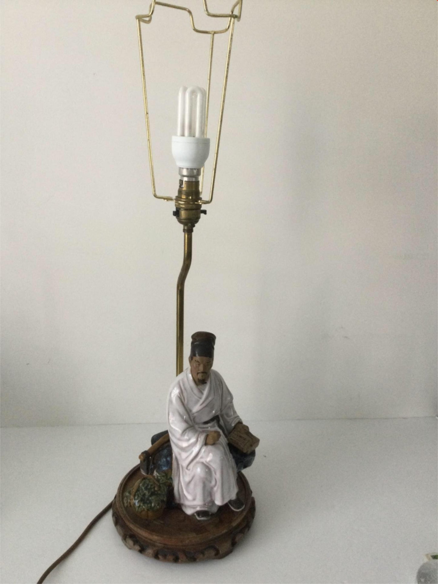 Large Vintage Chinese Mud man ceramic table lamp with shade. PAT tested approx 68cm high