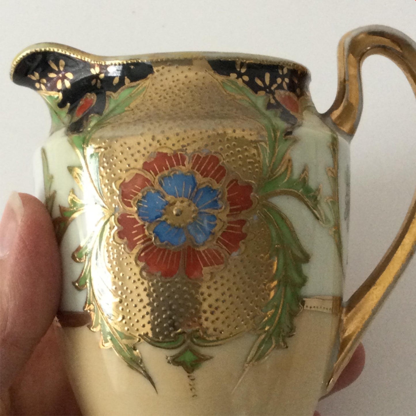 Vintage Japanese China Jug Small 12cm gilt with floral design. Gold black green