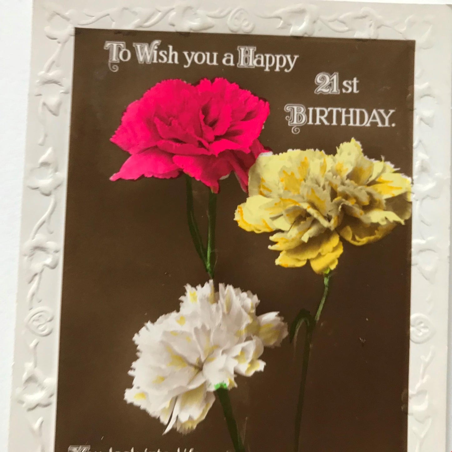 Vintage 21st BIRTHDAY Greetings Postcard RP tinted carnations nice poem.