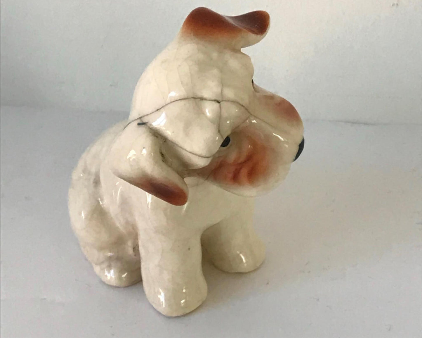 Vintage Dog Ornament. Made in Japan. Japanese. Terrier cute retro white and brown. Sad Face.