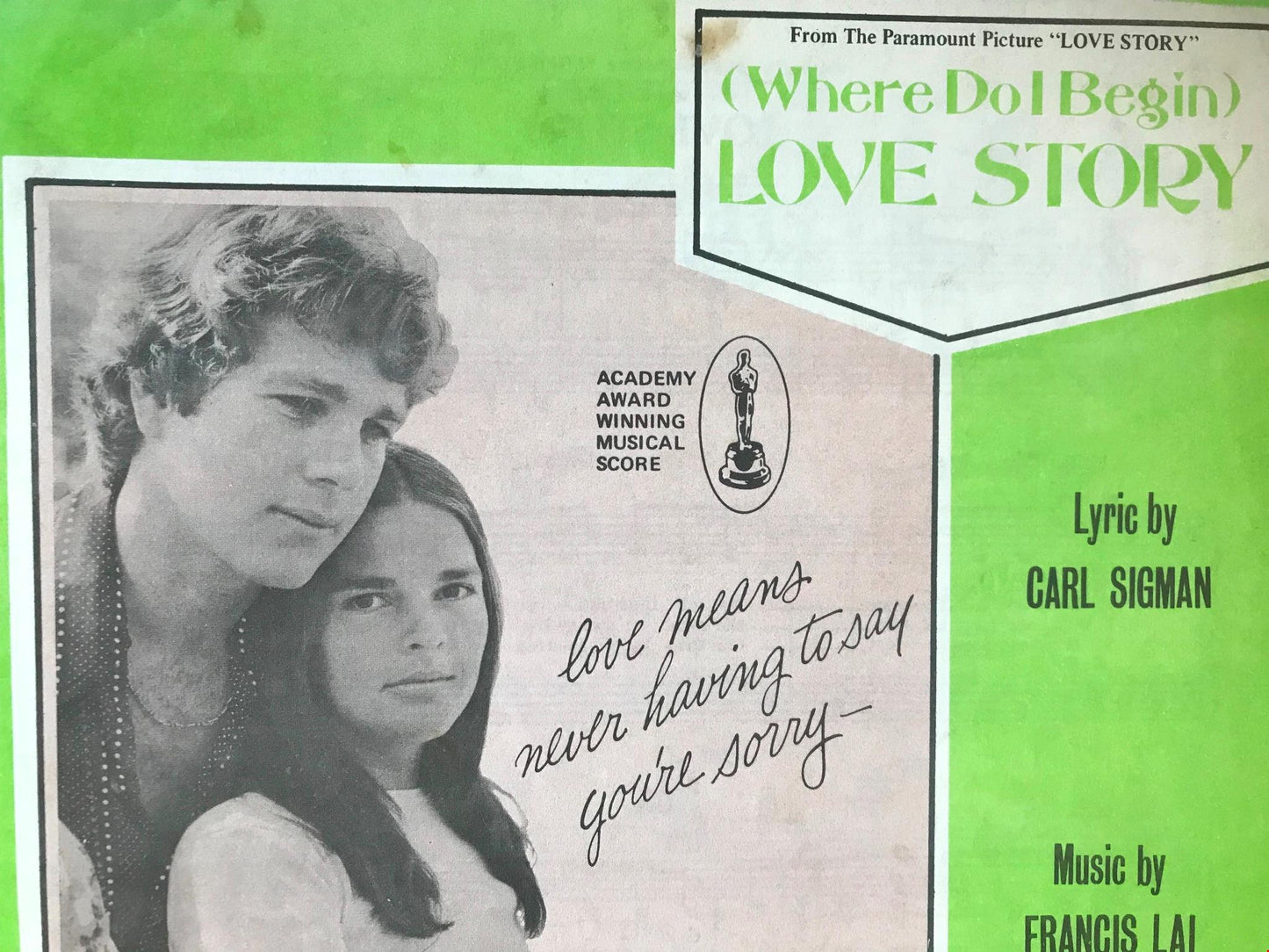 Vintage Sheet Music Where Do I Begin LOVE STORY Ali MacGraw Ryan O'Neal 1971