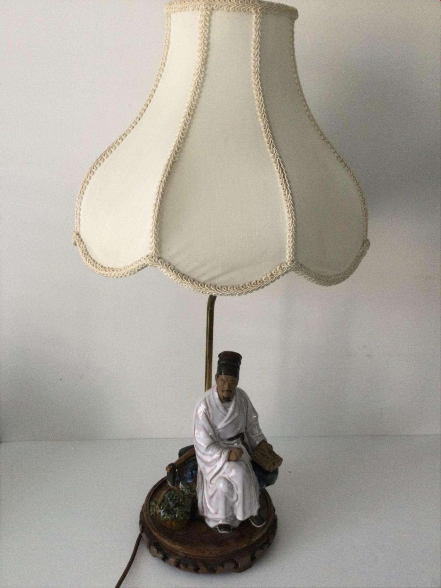 Large Vintage Chinese Mud man ceramic table lamp with shade. PAT tested approx 68cm high