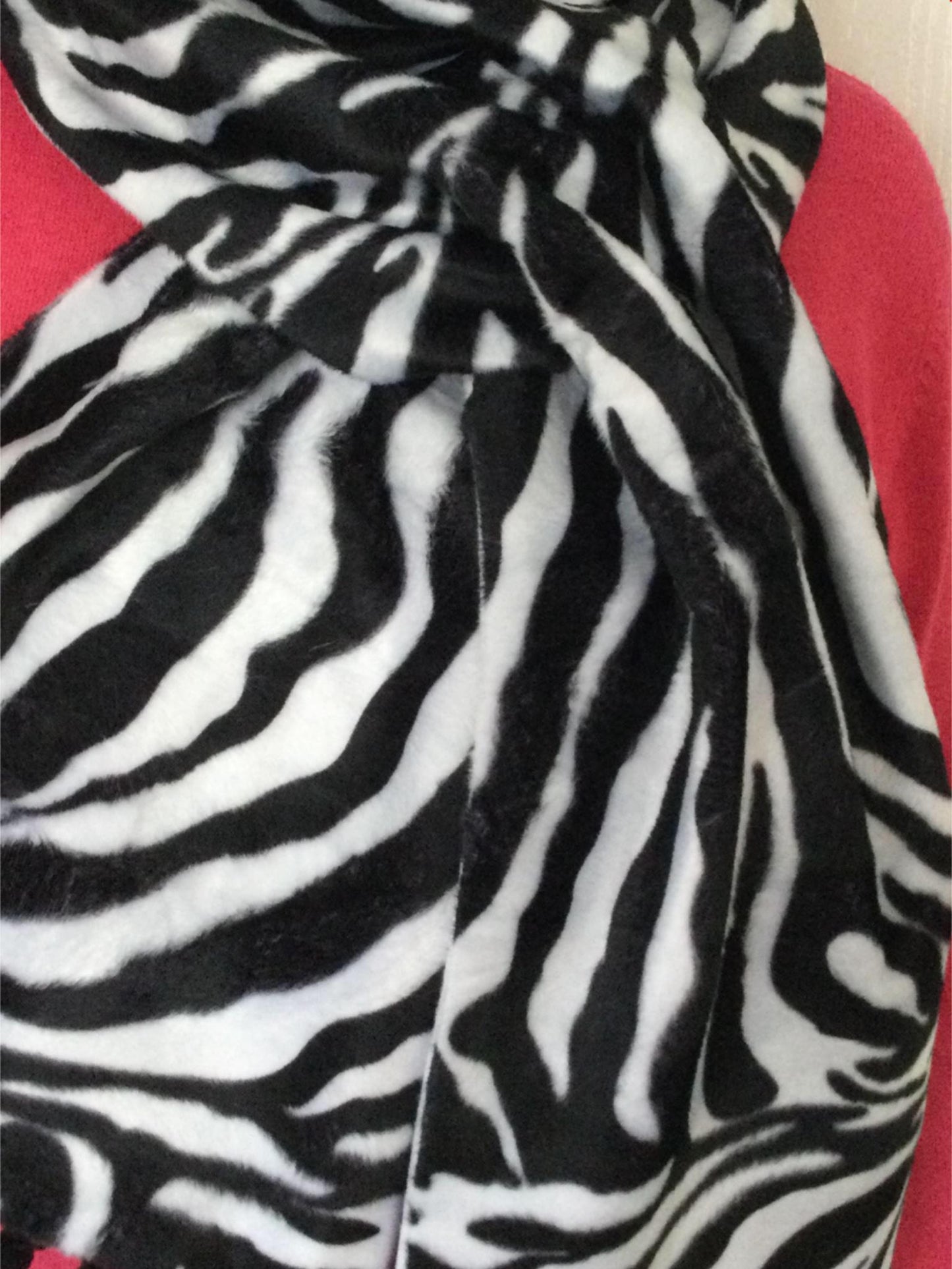 Beautiful Handmade Fleecey Scarf with Zebra print soft pile fur. Pom Pom details