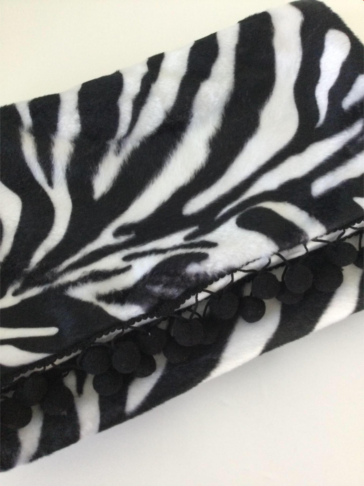 Beautiful Handmade Fleecey Scarf with Zebra print soft pile fur. Pom Pom details