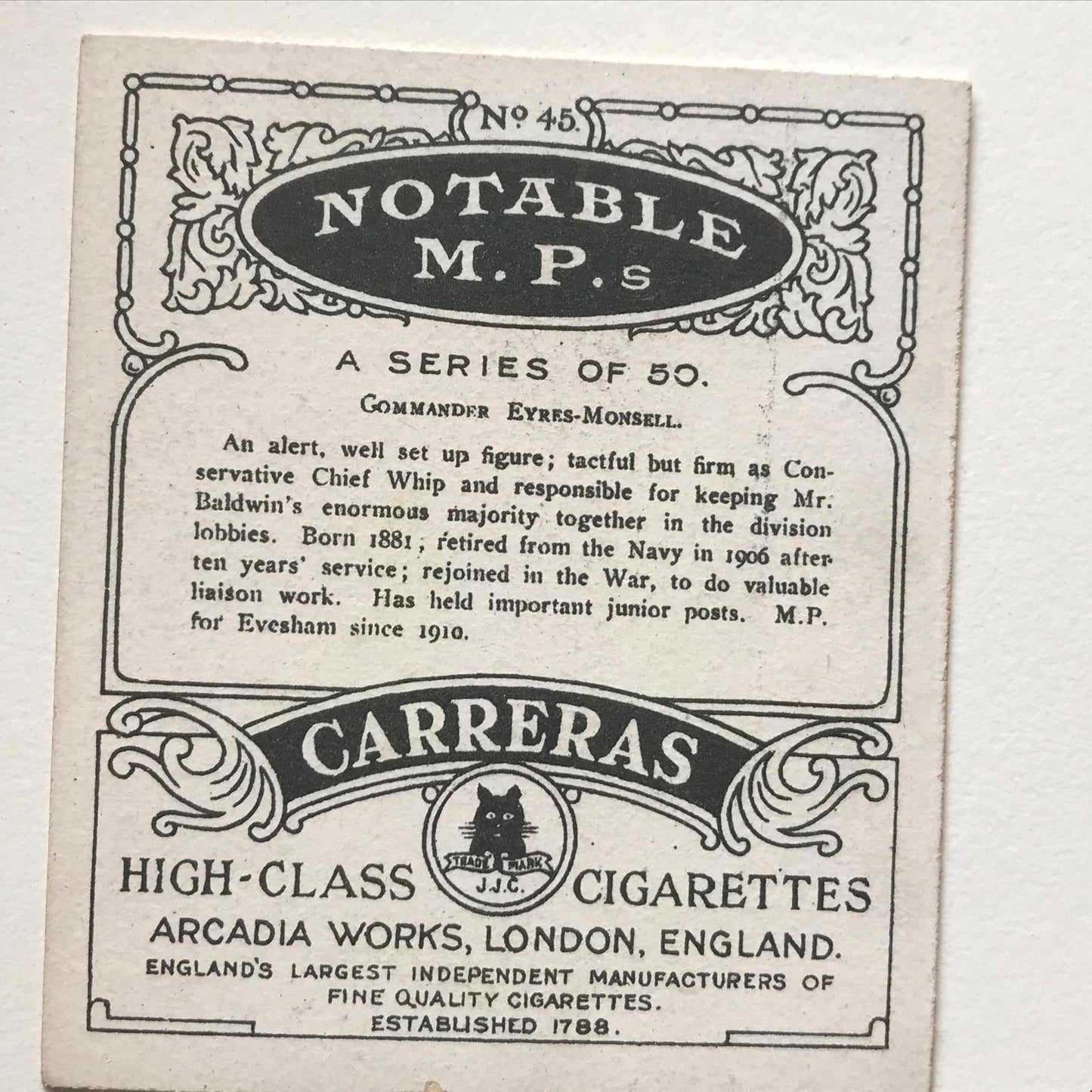 COMMANDER EYRES-MONSELL Carreras Cigarette Card NOTABLE MPS no45 Conservative