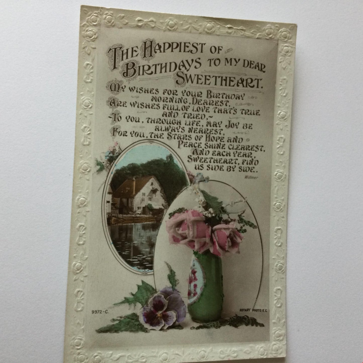 Vintage SWEETHEART BIRTHDAY Greetings Postcard violets roses RP romantic poem