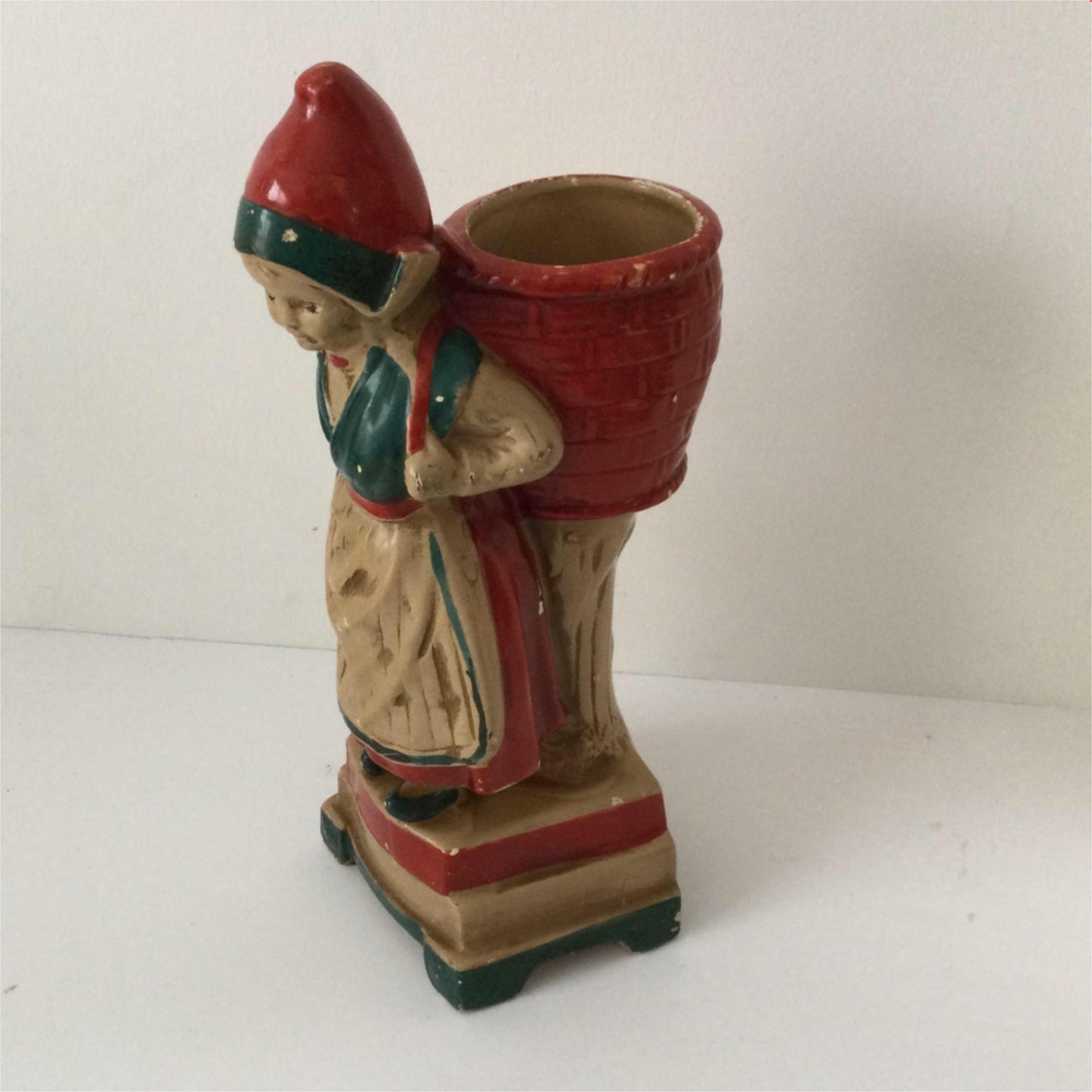 Vintage English Vase Dutch Girl figurine with basket on back. Indoor Planter / Vase