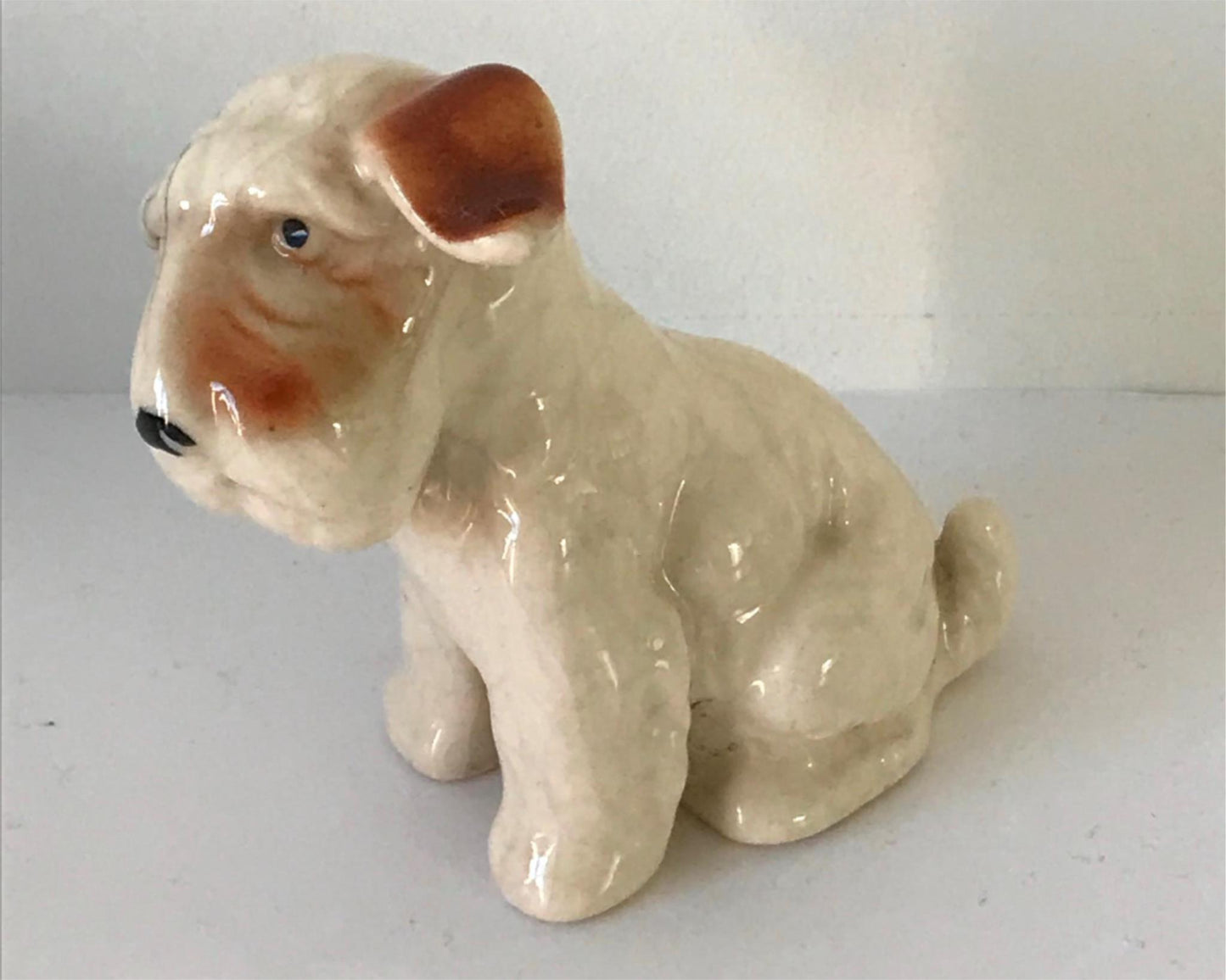 Vintage Dog Ornament. Made in Japan. Japanese. Terrier cute retro white and brown. Sad Face.