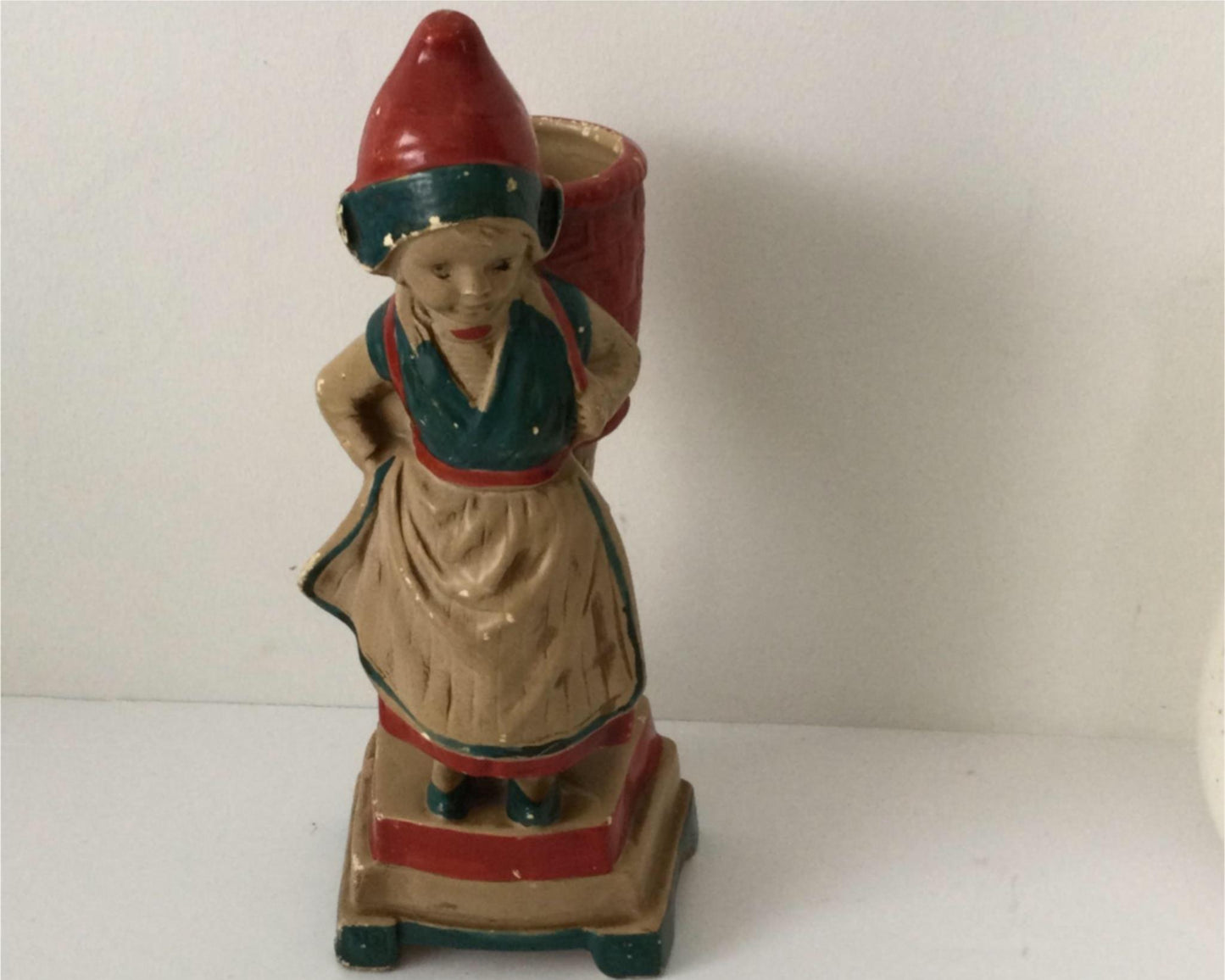 Vintage English Vase Dutch Girl figurine with basket on back. Indoor Planter / Vase